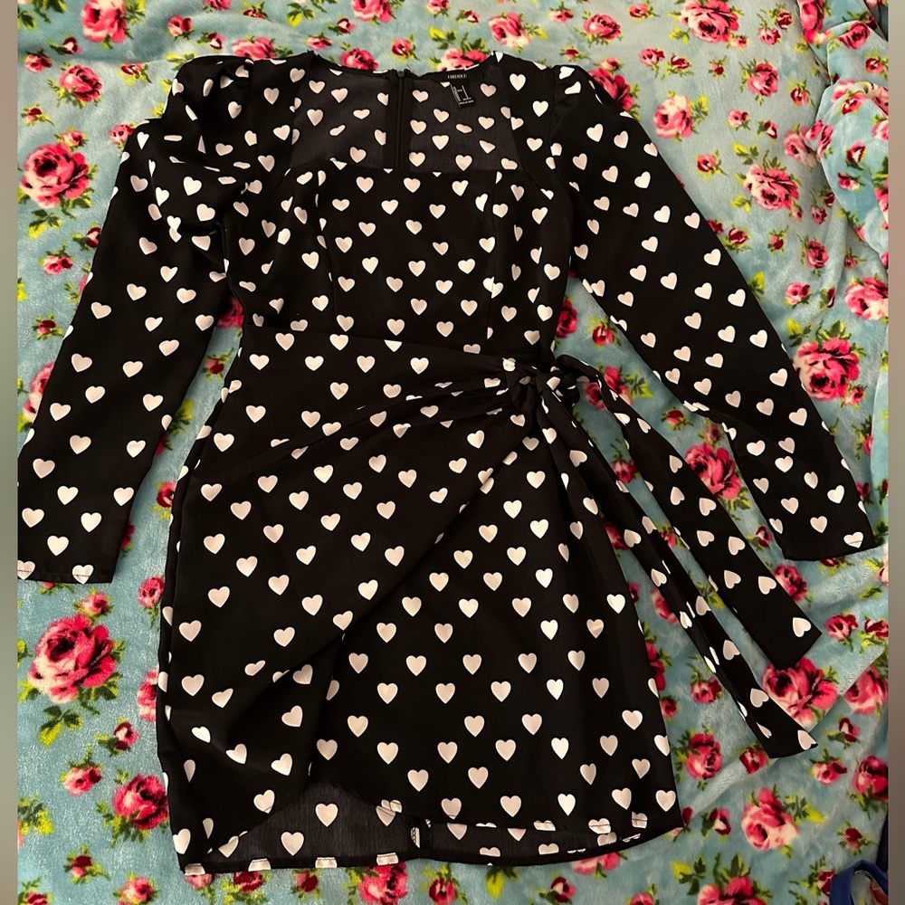 Forever 21 Black with White Hearts Square Neck Long Sleeve Faux Wrap Mini Dress.